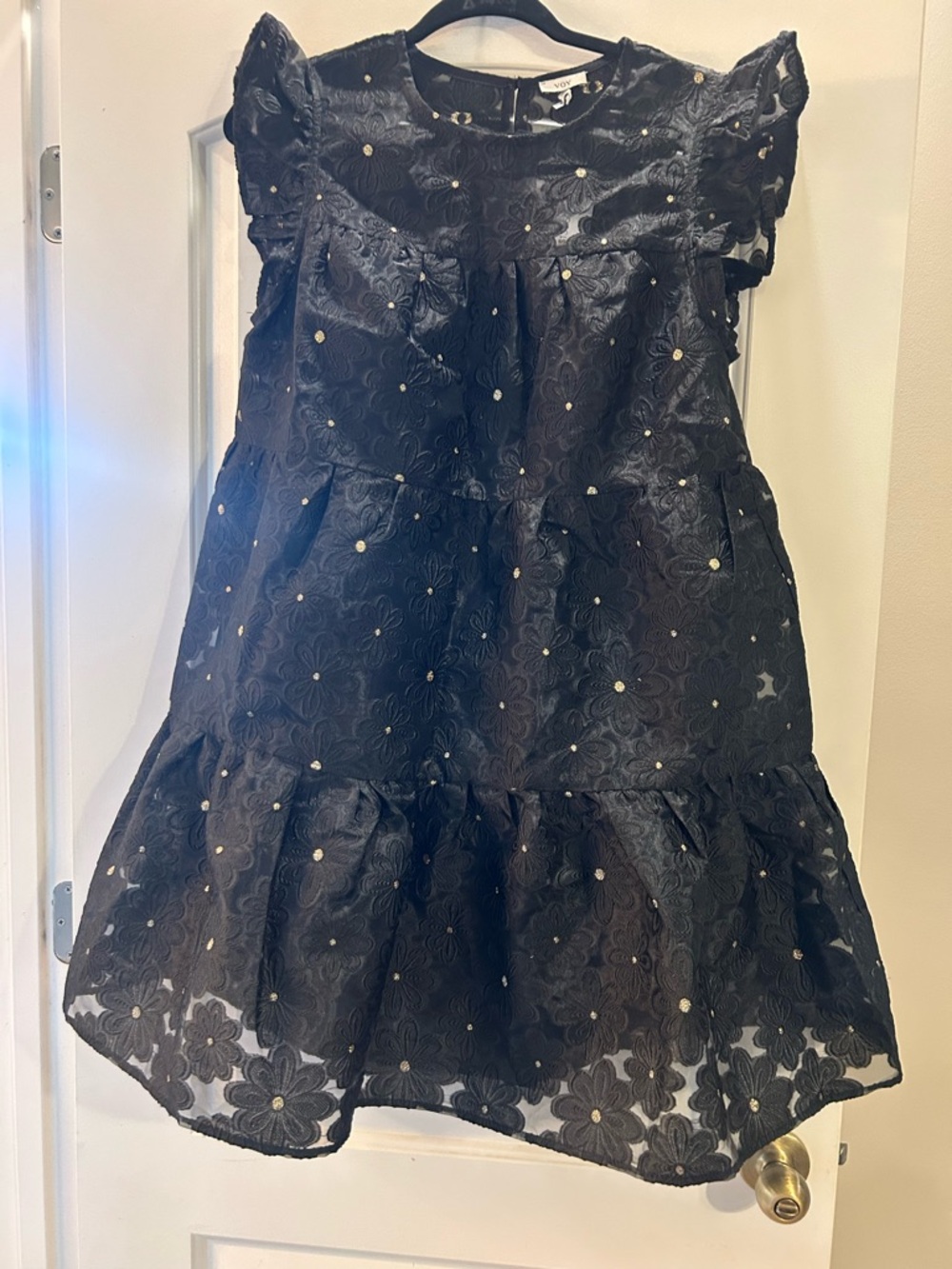 Black Floral Eyelet Party Dress with Gold Dot Accents